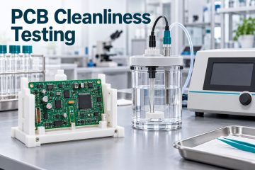 Conceptual PCB cleanliness laboratory with an assembled board and extraction vessel