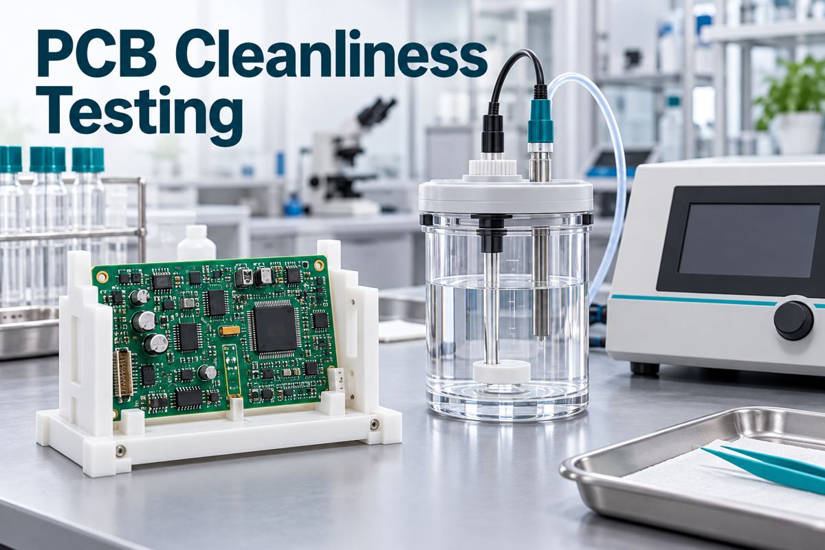 Conceptual PCB cleanliness laboratory with an assembled board and extraction vessel