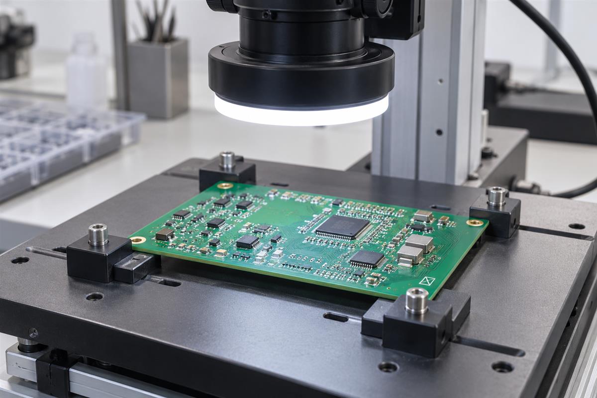 PCB sample positioned beneath an optical inspection camera