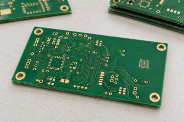 Bare PCB with a small illustrative identification mark in a reserved mask area