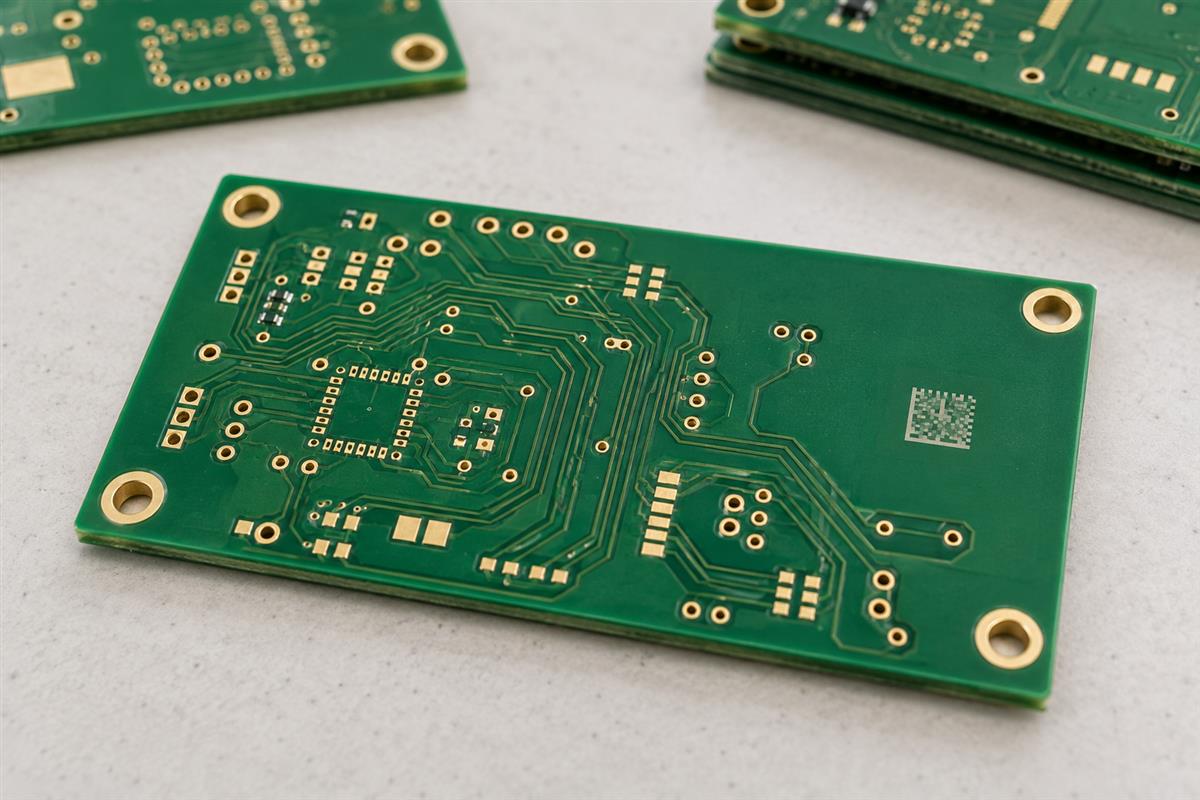 Bare PCB with a small illustrative identification mark in a reserved mask area