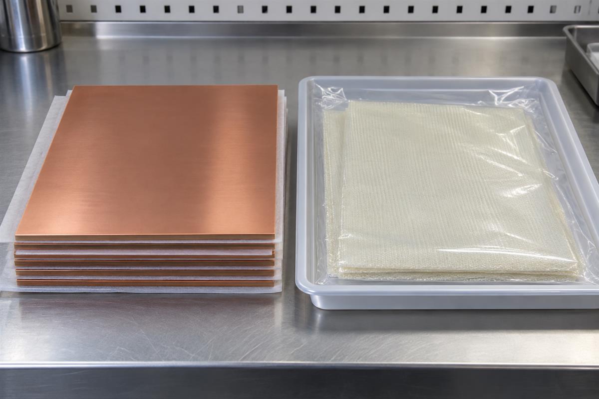 Copper clad laminate and protected prepreg sheets arranged as a fabrication material kit