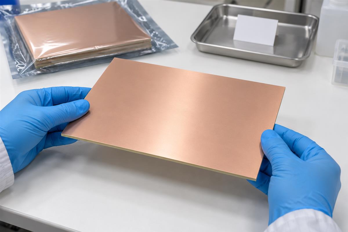 Gloved technician supporting a copper-clad laminate sheet during material preparation