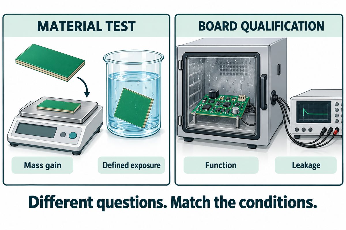 Diagram separating laminate water uptake tests from finished board humidity qualification