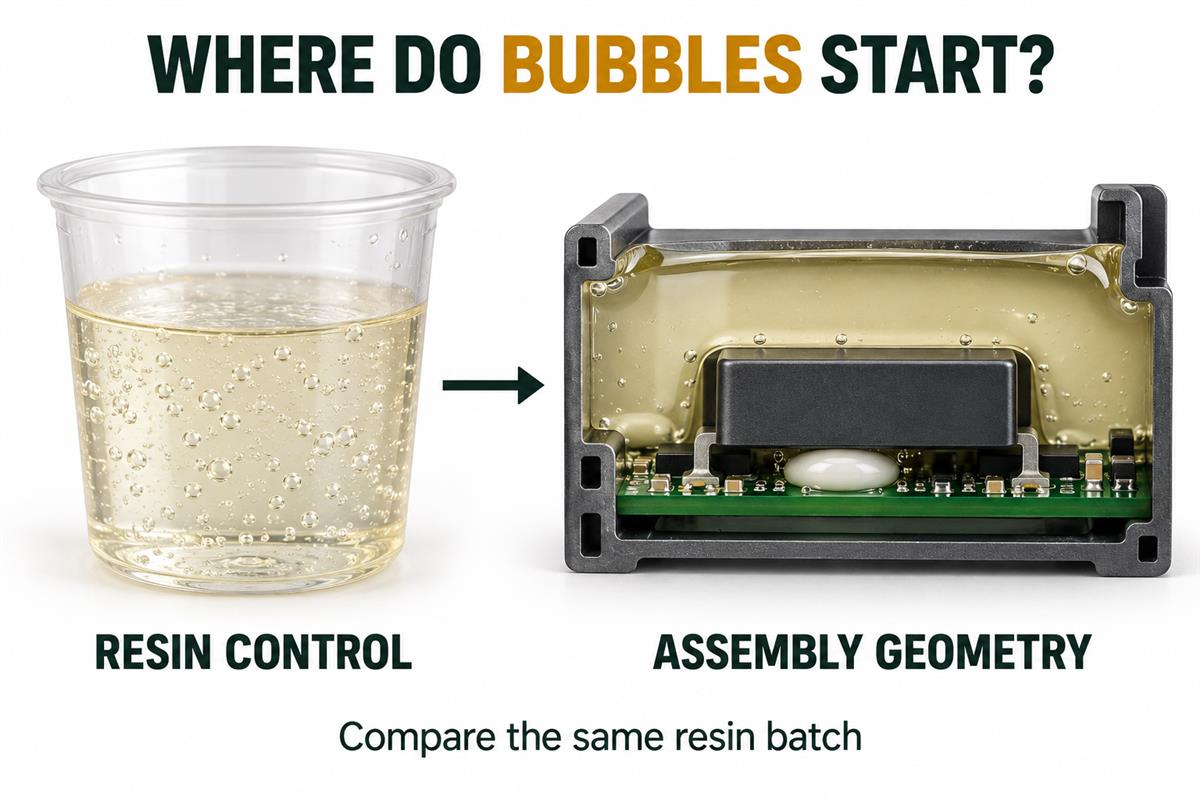 Conceptual comparison of bubbles in a resin control cup and a trapped pocket under a component in an enclosure