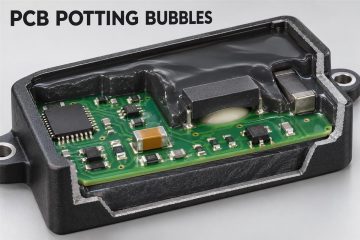 Illustrative cutaway of a potted circuit board showing a hidden air pocket beneath a component