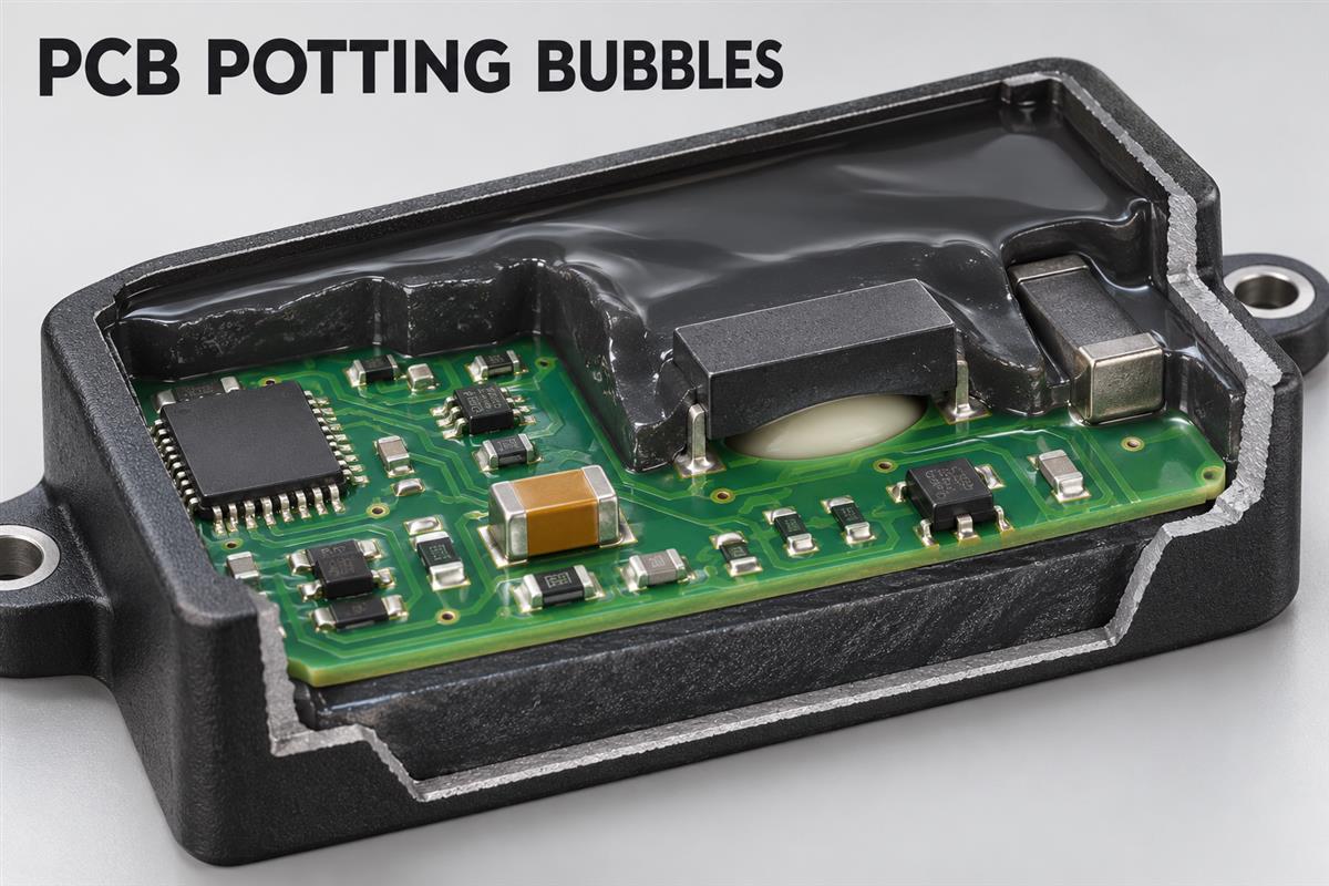 Illustrative cutaway of a potted circuit board showing a hidden air pocket beneath a component