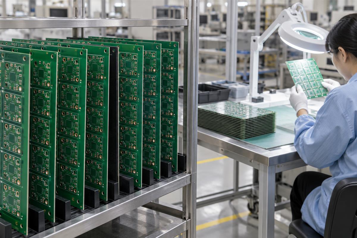 Bare PCB production panels held in a rack beside an inspection station