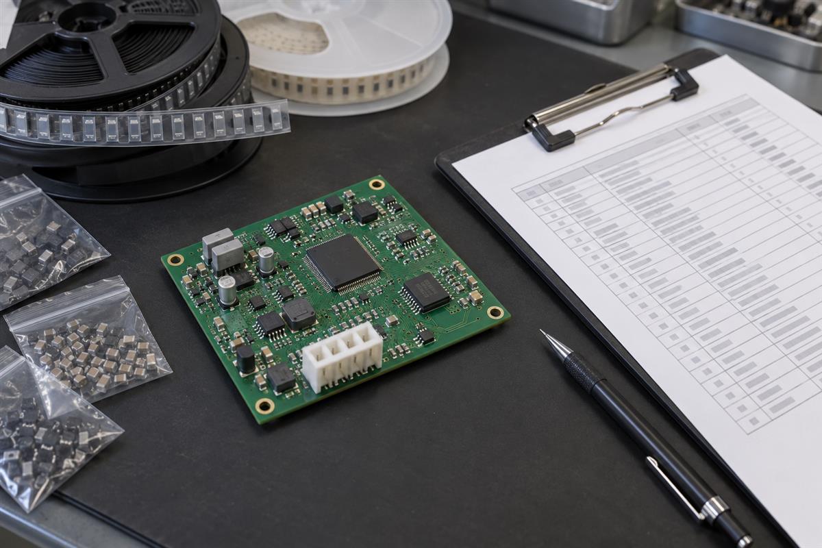 Assembled circuit board beside component packaging and build documentation