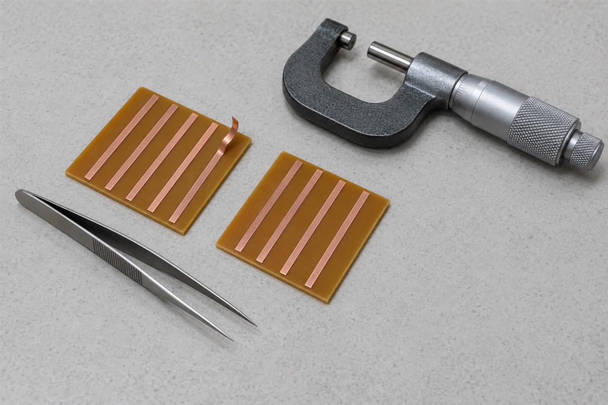 Copper foil test specimens and measurement tools on a materials inspection bench