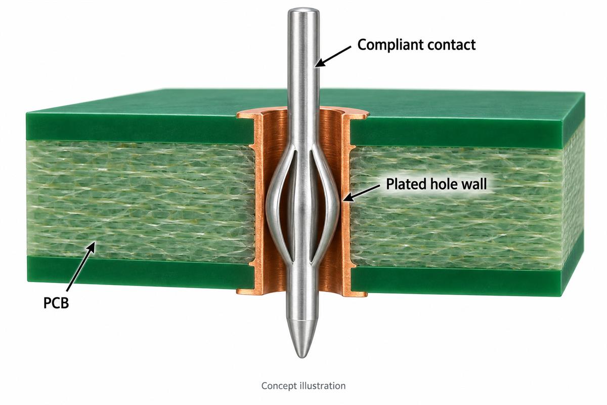 Conceptual compliant press-fit contact seated inside a plated PCB hole