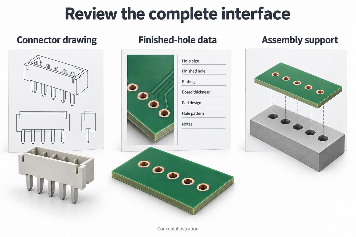 Press-fit release review showing connector drawing, PCB hole data and support tooling