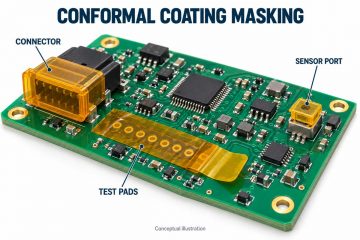 Conceptual PCB with masked connector, test pads and sensor opening before coating