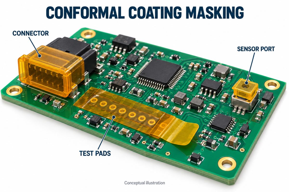 Conceptual PCB with masked connector, test pads and sensor opening before coating