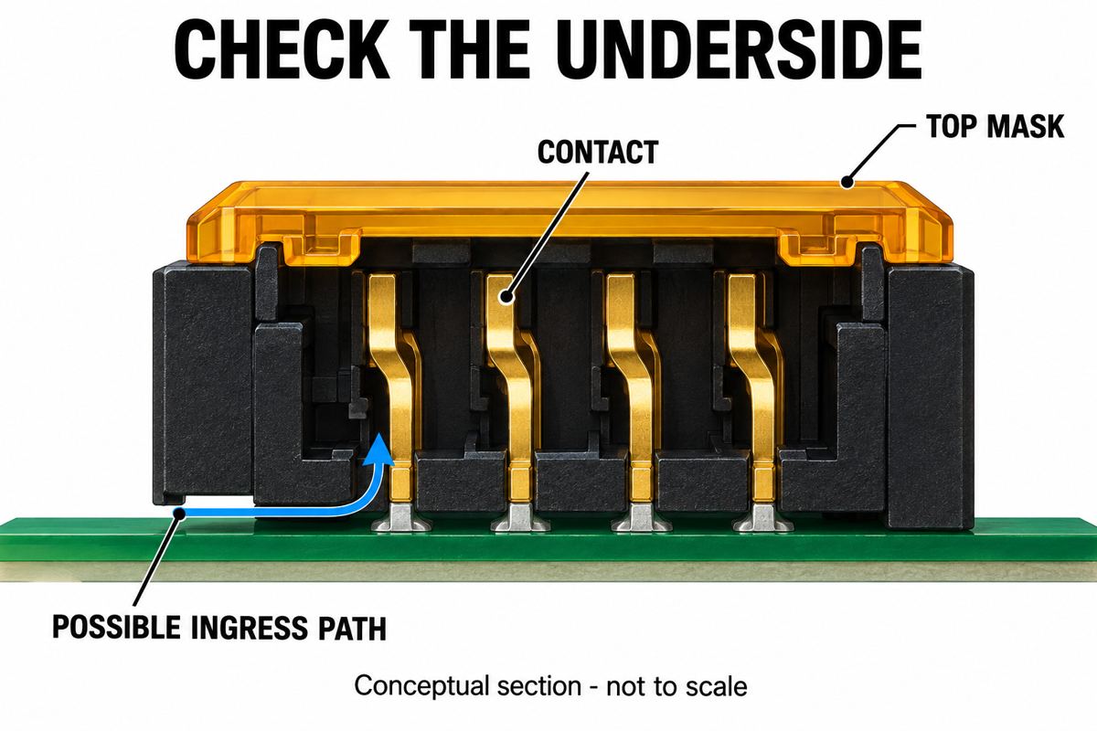 Conceptual connector section showing top protection and a possible underside coating ingress path