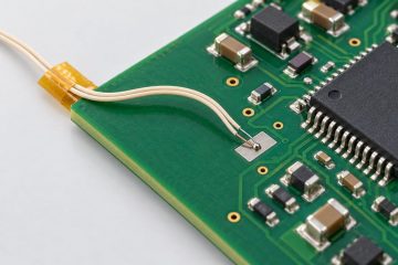 Conceptual close-up of a fine-wire thermocouple junction attached to a PCB measurement pad with separate wire strain relief