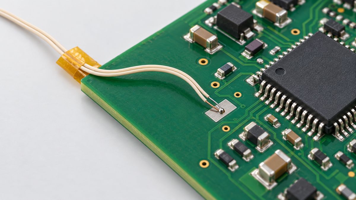 Conceptual close-up of a fine-wire thermocouple junction attached to a PCB measurement pad with separate wire strain relief