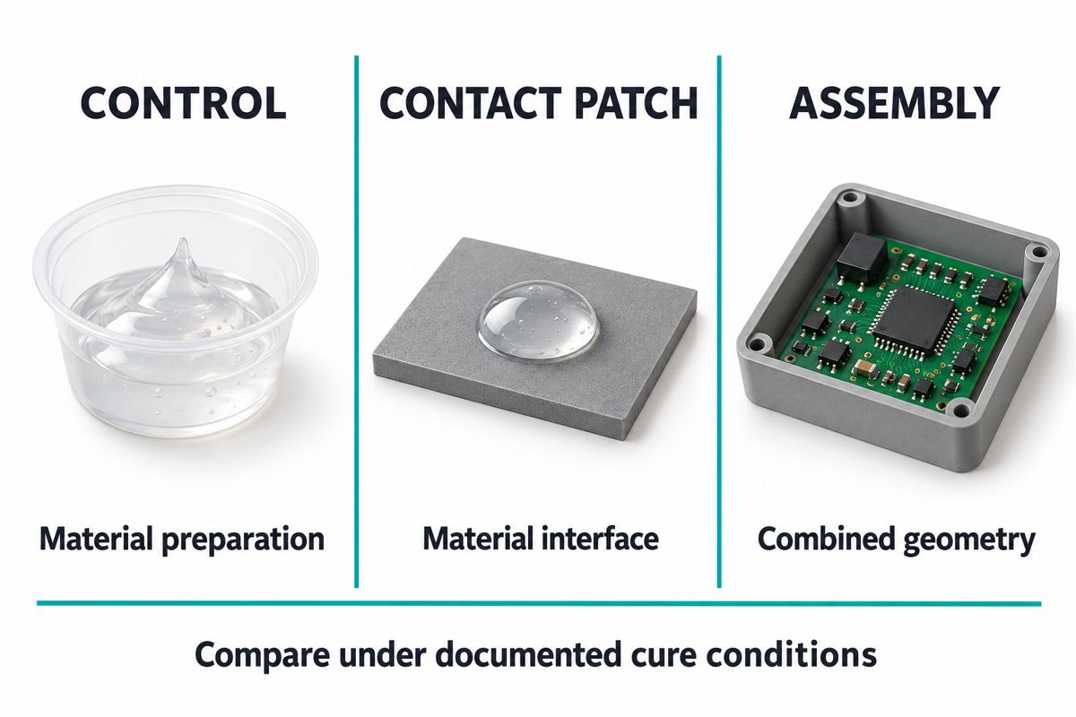 Three separate specimens for a silicone cure investigation: control, contact patch and assembly