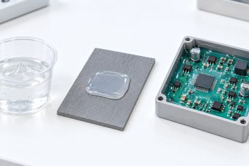 Conceptual silicone potting contact-test specimens beside an unpowered PCB