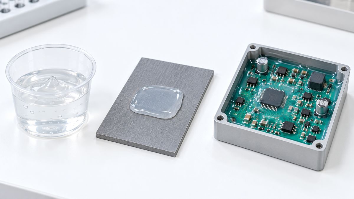 Conceptual silicone potting contact-test specimens beside an unpowered PCB
