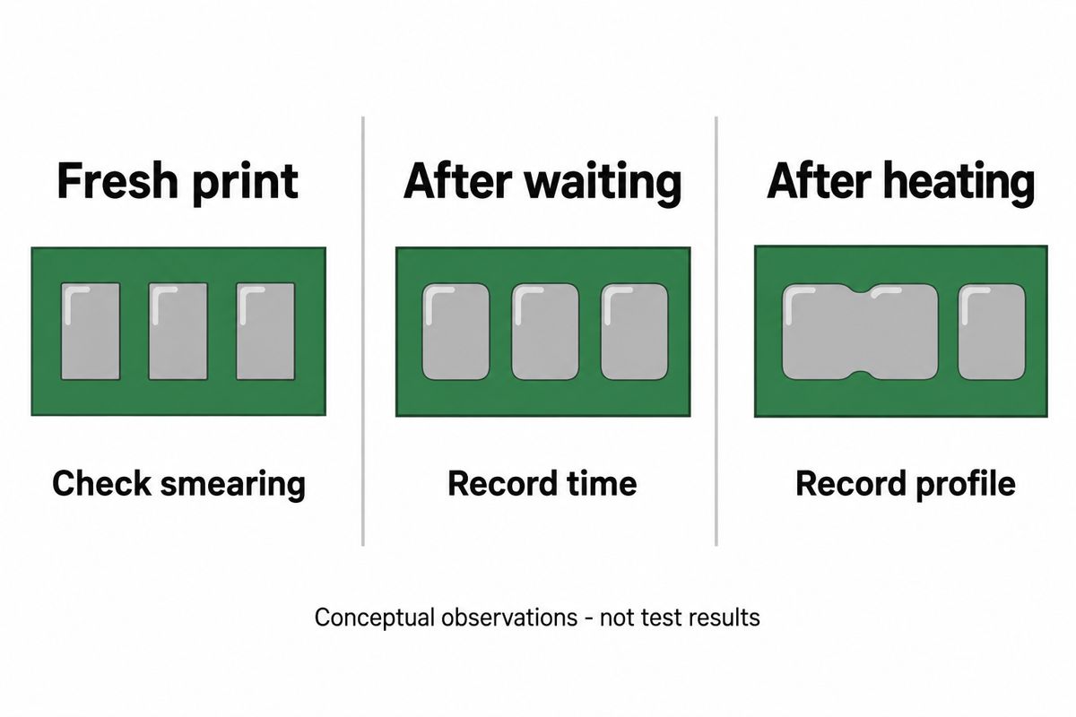 Three observation stages for separating print smearing from later solder paste spreading
