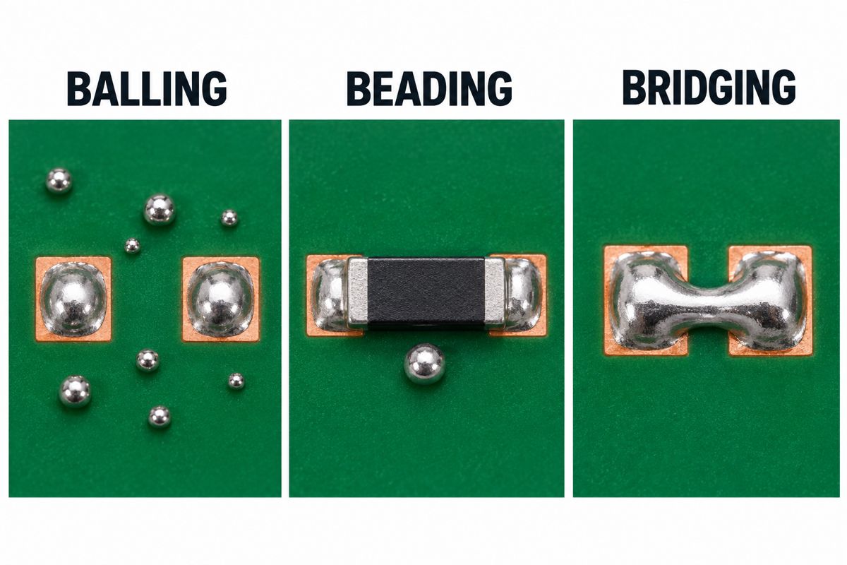 Conceptual comparison of scattered solder balls, a chip-side solder bead and a bridge between pads