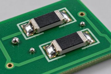 Conceptual close-up of unwanted solder spheres beside chip components on a PCB