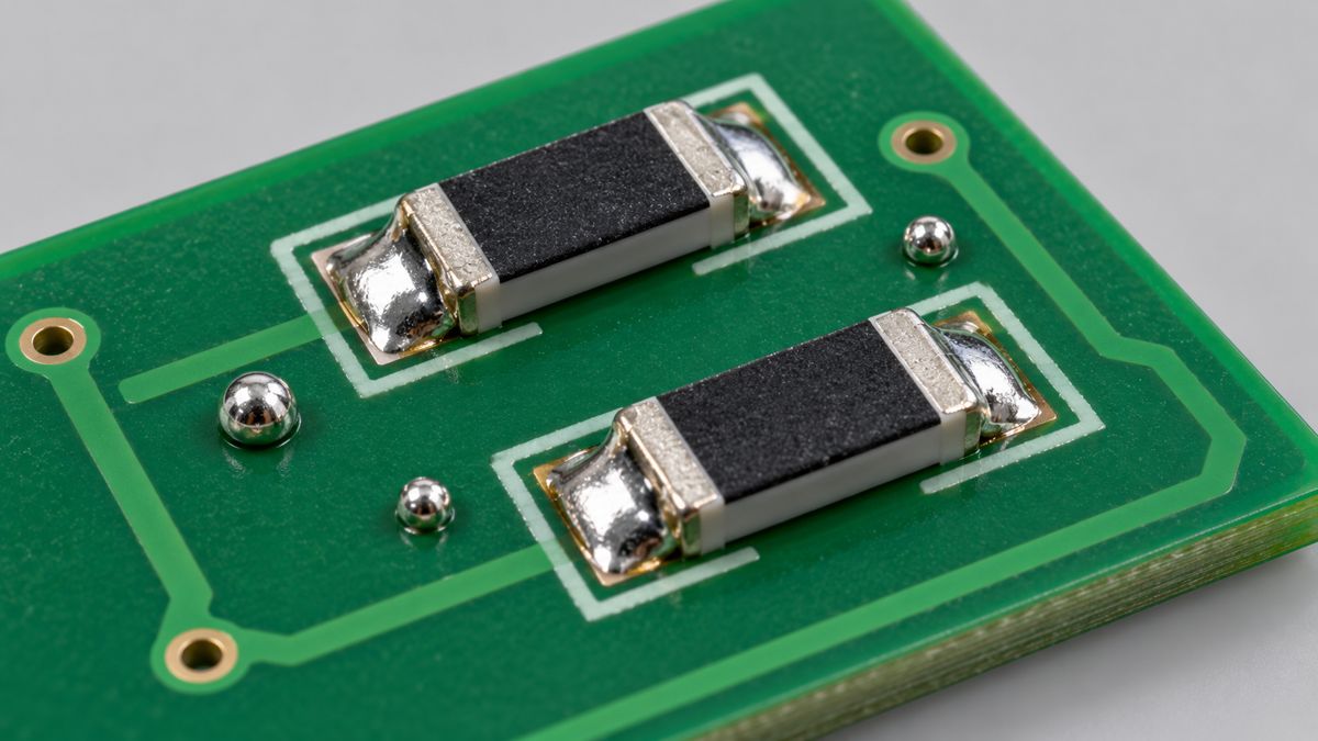 Conceptual close-up of unwanted solder spheres beside chip components on a PCB