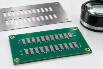 Conceptual solder paste deposits and a stencil beside a printed circuit board