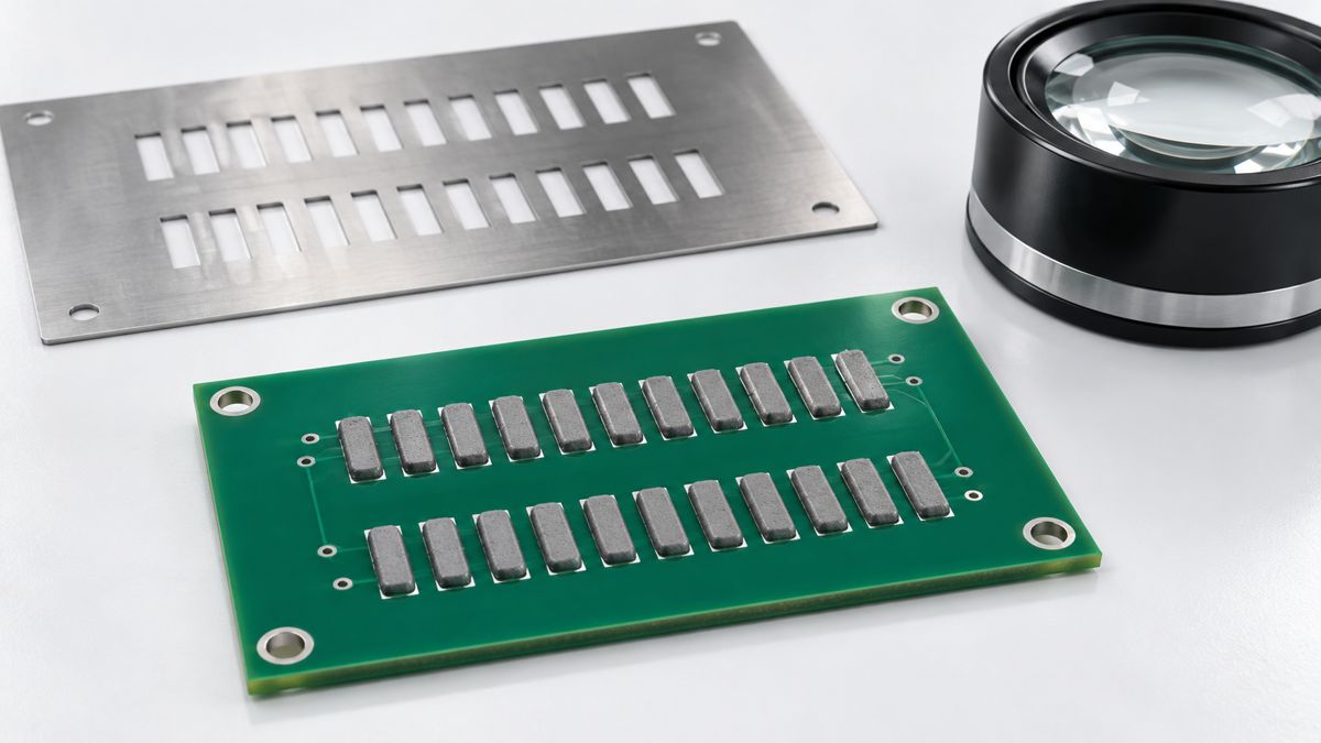 Conceptual solder paste deposits and a stencil beside a printed circuit board