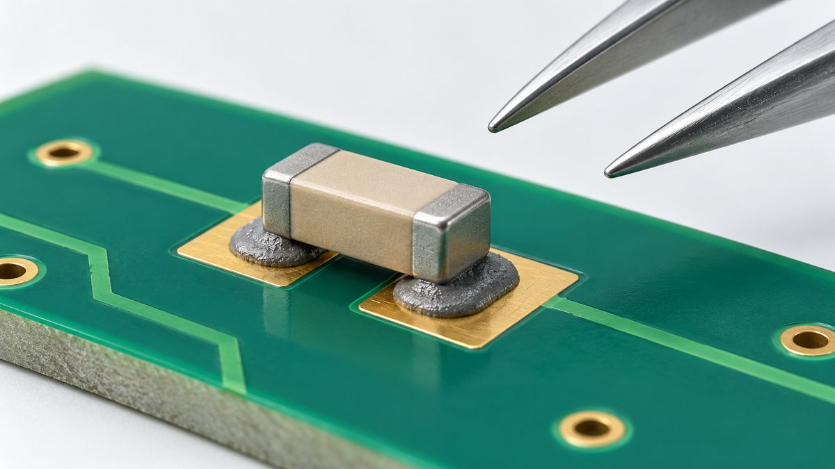 Conceptual illustration of a surface mount component placed on solder paste deposits
