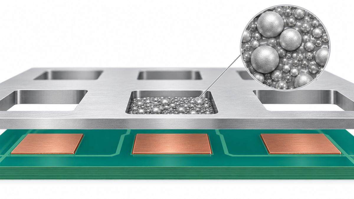 Conceptual cutaway of solder particles moving through a stencil aperture