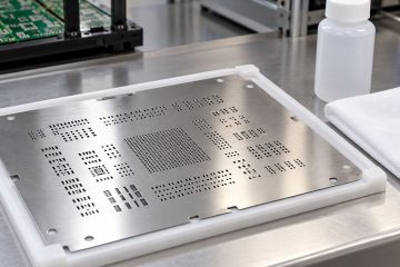 Stainless steel solder paste stencil supported flat beside a clean low-lint wipe