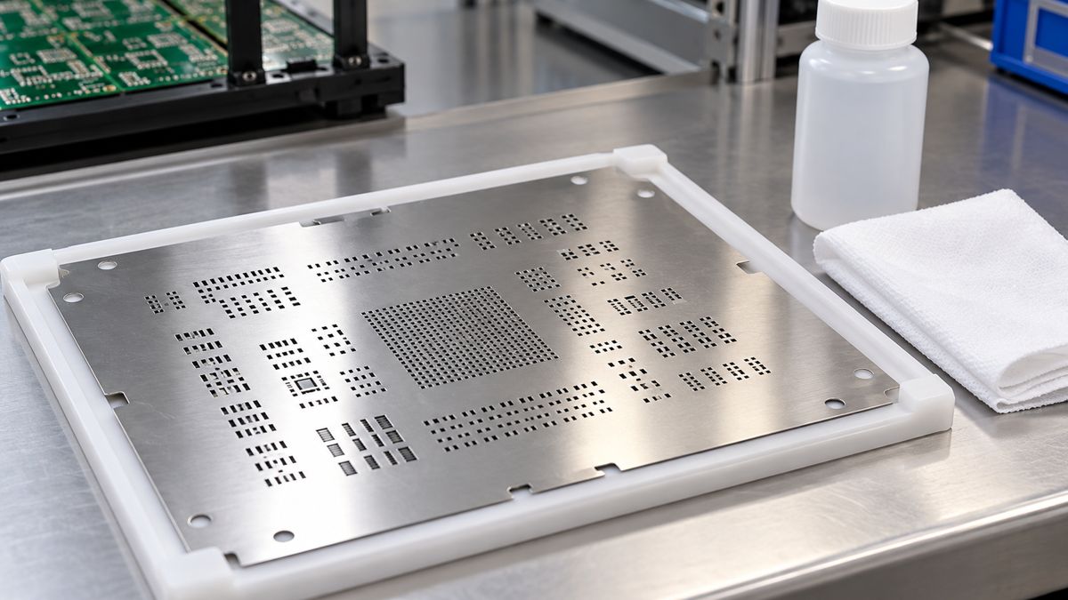 Stainless steel solder paste stencil supported flat beside a clean low-lint wipe