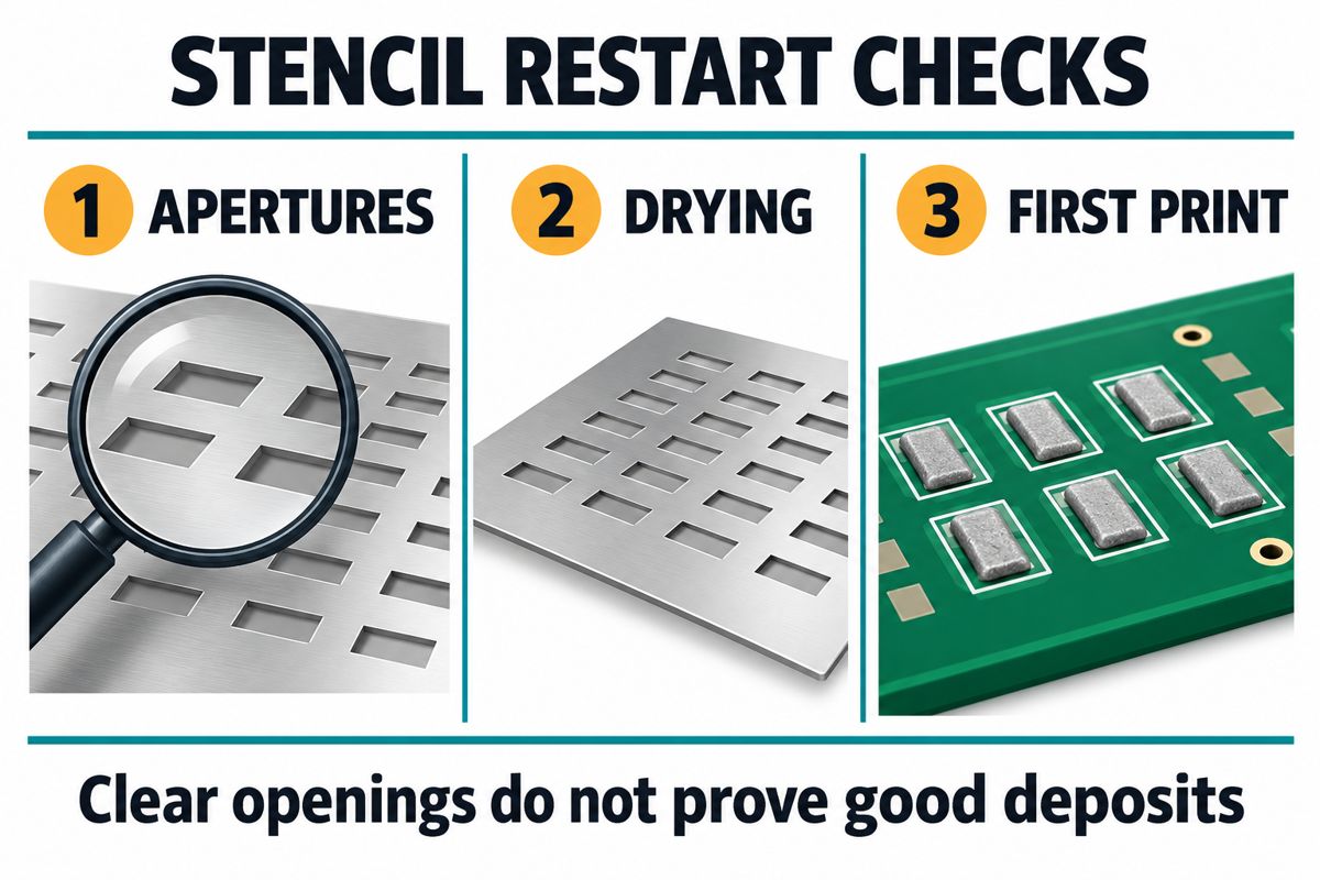 Three independent stencil restart checks for apertures, dryness and first-print quality