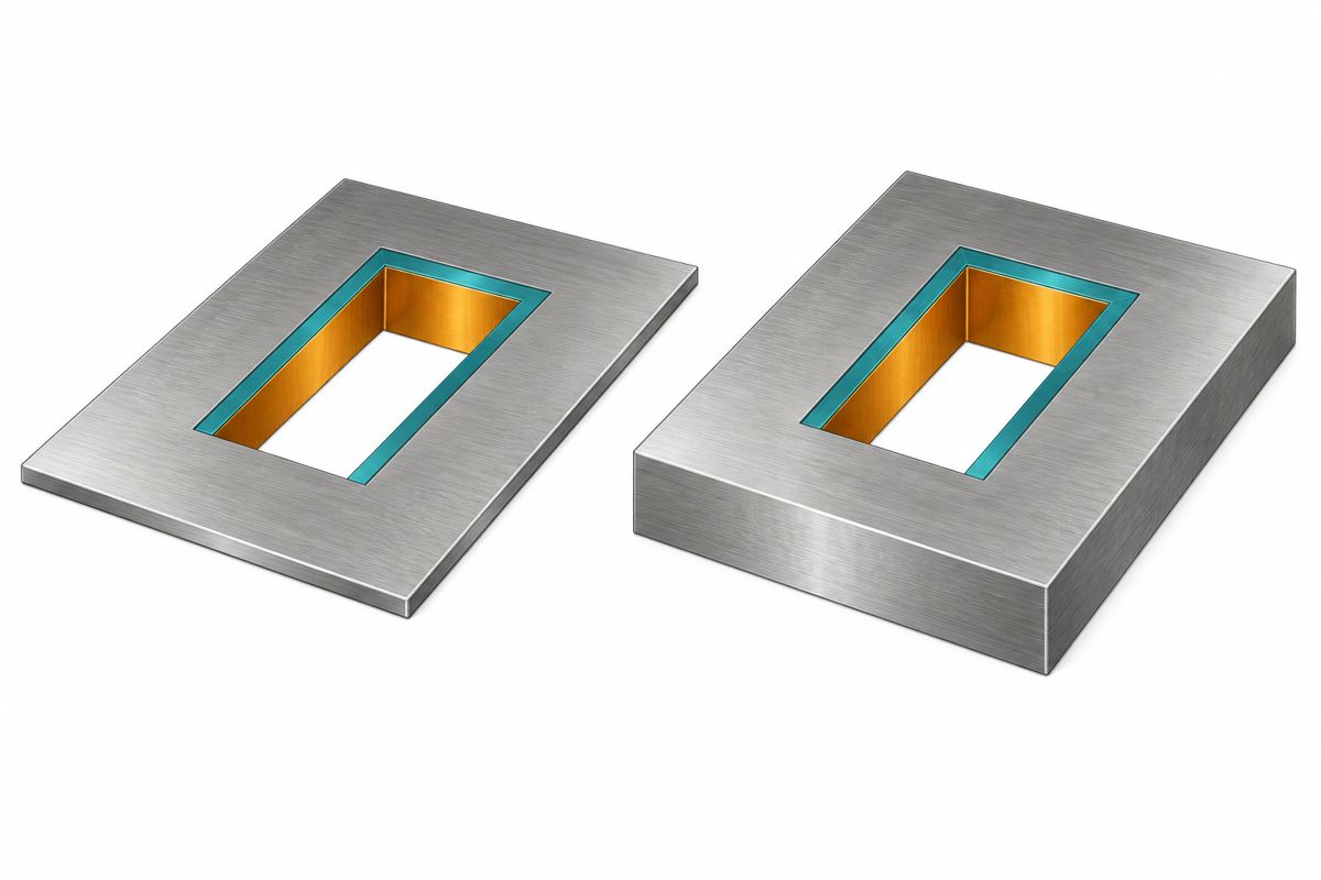 Conceptual comparison of thinner and thicker stencil walls over identical apertures
