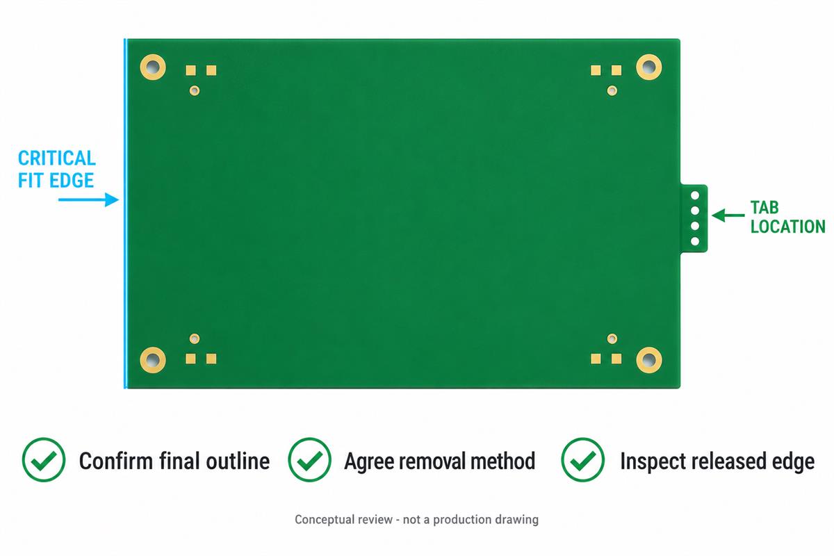 Conceptual PCB edge review showing areas to check before approving breakaway tabs