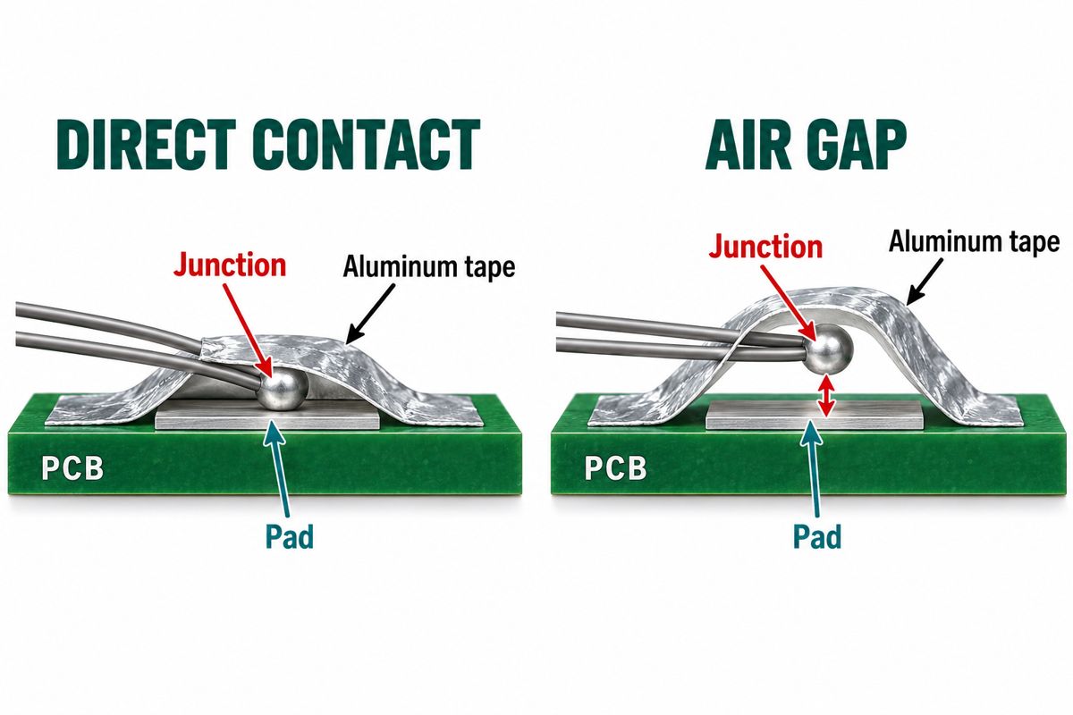 Conceptual cutaway comparing a thermocouple touching a measurement surface with a lifted junction under tape