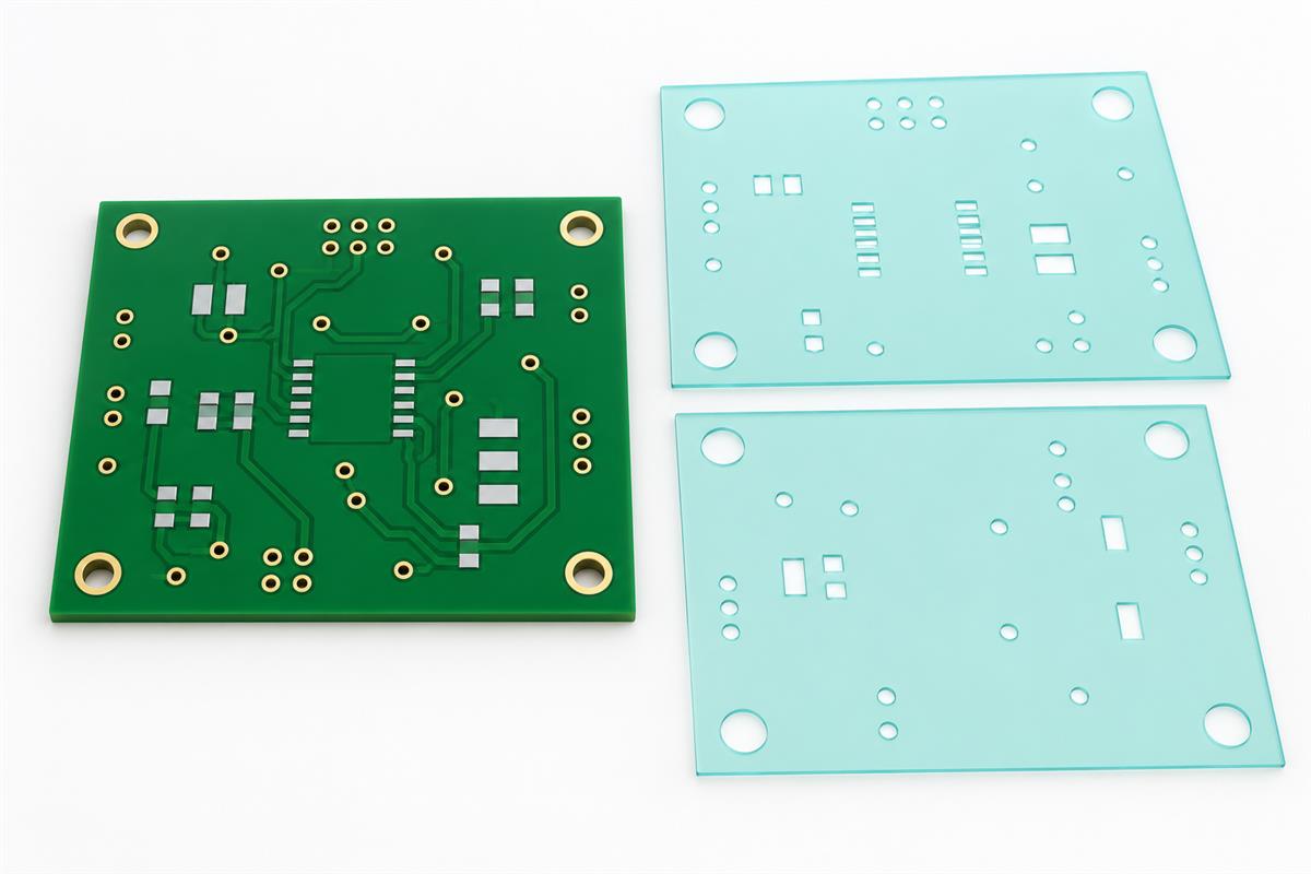 Illustration of separate front and back solder mask layers reviewed beside a PCB