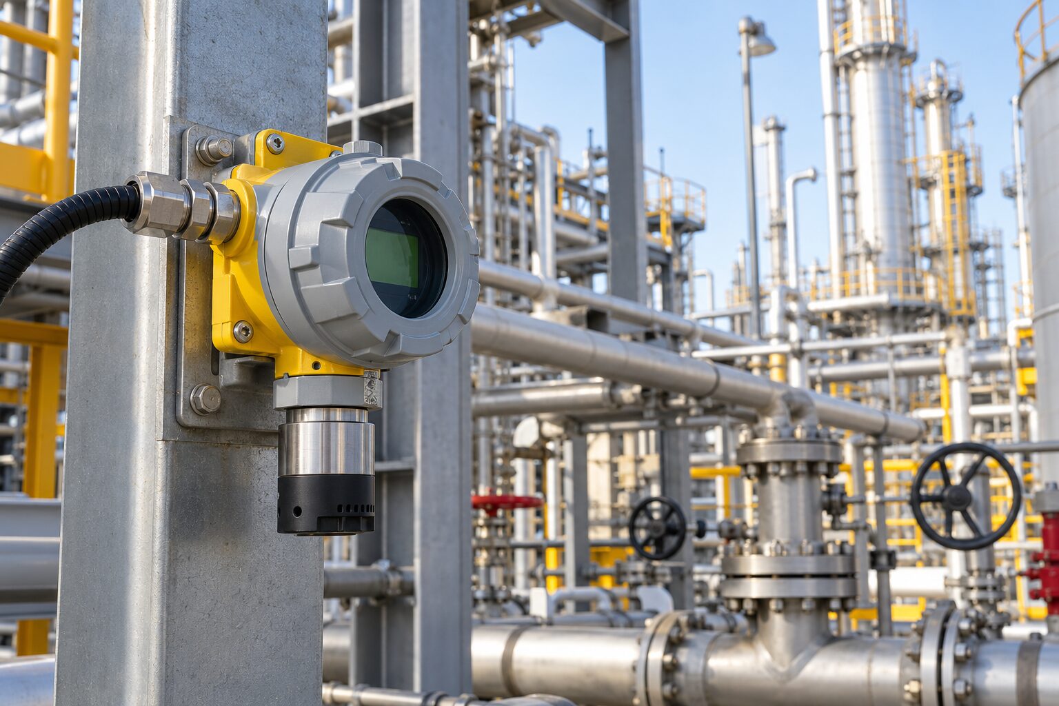 Generic fixed gas transmitter installed among process piping in an industrial plant